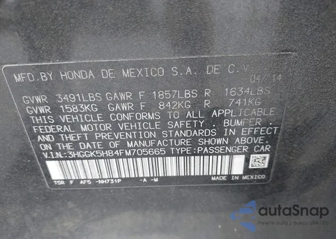 2015 Honda Fit Ex/Ex-L from USA, damaged, VIN 3HGGK5H84FM705665